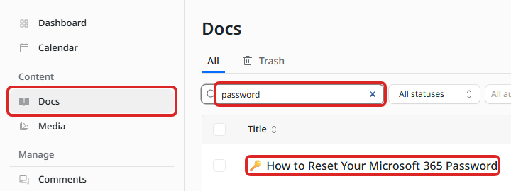 The Docs list, with the search box and the page title highlighted