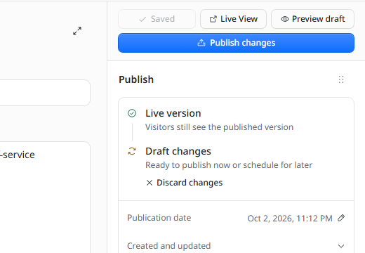 After saving: the panel shows "Draft changes" and a "Publish changes" button